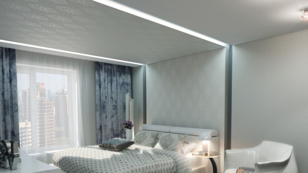 Пример тканевого натяжного потолка со световыми линиями в спальню